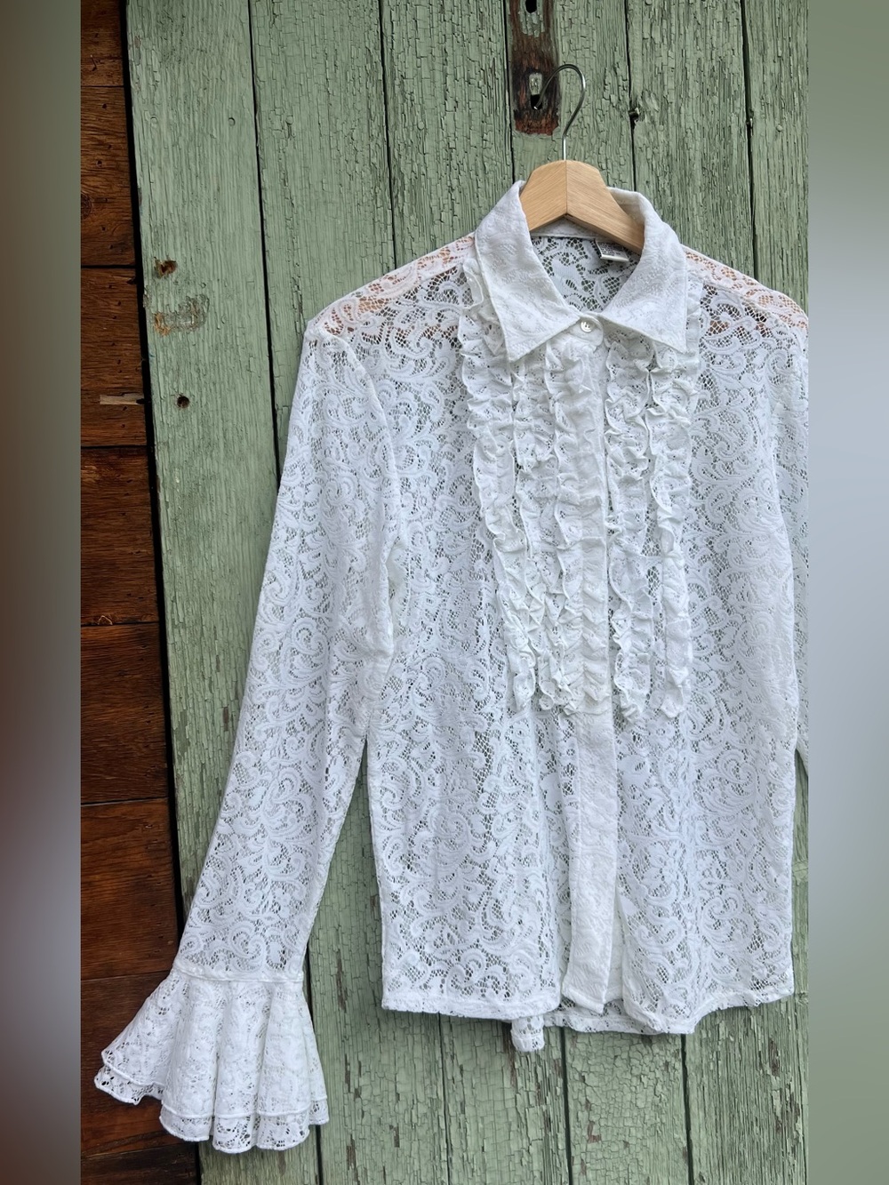90s White Lace Ruffle Button-Front Women's Blouse